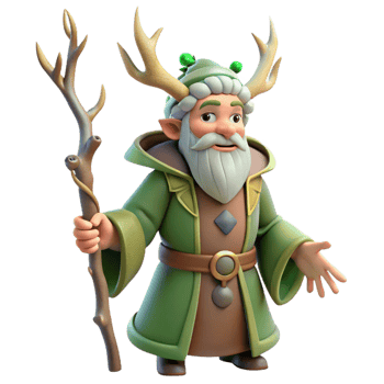 stunning creative A wise old druid with antlers and a staff, communing with nature spirits. Celtic style, soft lighting authentic png