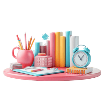 Colorful Study Desk with Books and Alarm Clock png