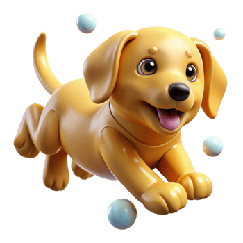 serene artistic A playful golden retriever puppy, tumbling in mid-air, surrounded by floating bubbles, rendered in a vibrant, cartoonish style with exaggerated features professional png