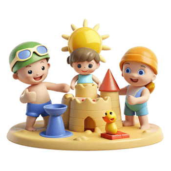 impressive classic A playful group of cartoon children building a sandcastle on a sunny beach, bright midday sun illuminating the scene, drawn in a simple and cheerful cartoon style 4K png