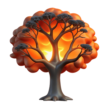 elegant traditional A gnarled oak tree silhouetted against a fiery sunset, stark and dramatic lighting, etching style genuine png