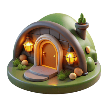 beautiful contemporary A cozy hobbit hole nestled into a hillside, warm firelight from within, children's book illustration style genuine png