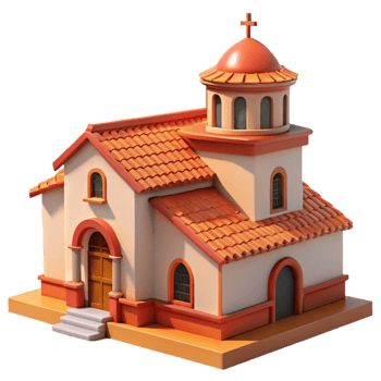 dramatic traditional Spanish Colonial mission, stucco walls, red tile roof, warm sunlight, highly detailed, Spanish Colonial style exclusive png