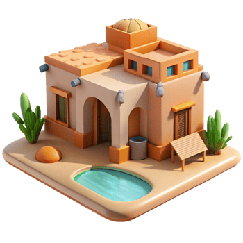 beautiful creative Desert oasis home, adobe construction, cool shaded interiors, bright desert sunlight, vernacular architecture style detailed png