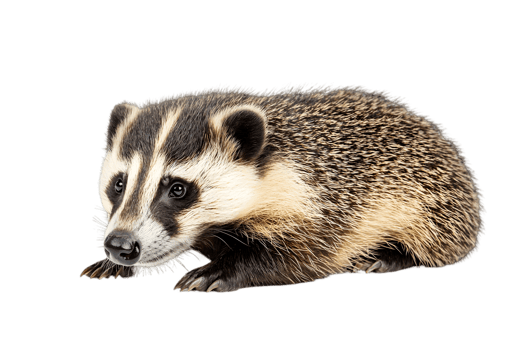 Portrait of a European Badger Lying Down with White and Black Striped Fur Isolated on Transparent Background png