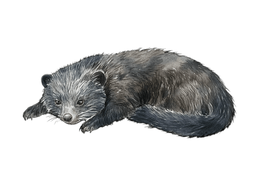 Resting Binturong Portrait with Black Fur and White Stripes Isolated on a Black Background Mammal with Striped Face and Exotic Tropical Wildlife png