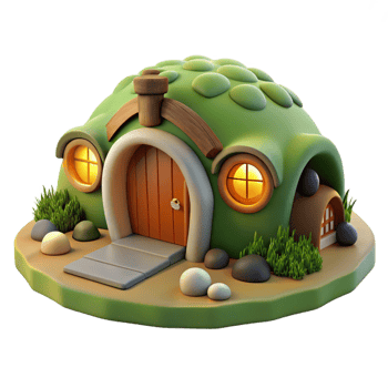 elegant artistic A cozy hobbit hole built into a grassy hillside, lit by a warm fire within, watercolor painting style genuine png