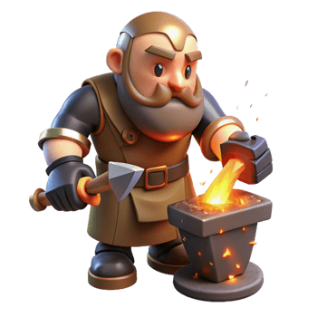 serene contemporary A stoic dwarf blacksmith forging a magical hammer, sparks flying. Warm, fiery lighting. Realistic style genuine png