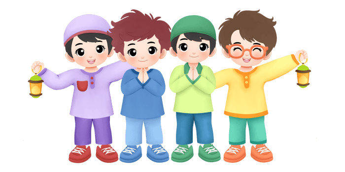happy kids greeting eid mubarak together watercolor illustration, with lanterns decoration png