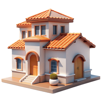 vibrant traditional Mediterranean villa, white stucco walls, terracotta roof, bright sunlight, picturesque style detailed png
