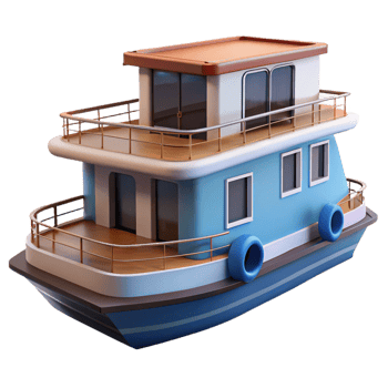 serene rustic Floating houseboat, modern design, waterfront living, nautical style original png