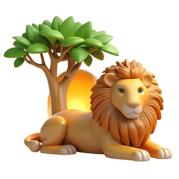 wonderful vintage A majestic lion resting in the shade of a tree, warm, golden sunlight filtering through the leaves. Photorealistic style detailed png