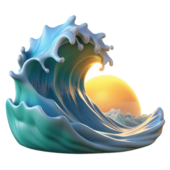 magnificent minimalist A crashing ocean wave at dawn, spray illuminated by the rising sun, photorealistic style professional png