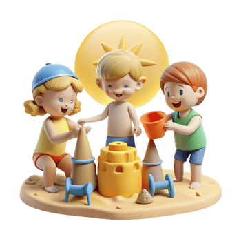 extraordinary classic A playful group of cartoon children building a sandcastle on a sunny beach, bright midday sun illuminating the scene, drawn in a simple and cheerful cartoon style authentic png