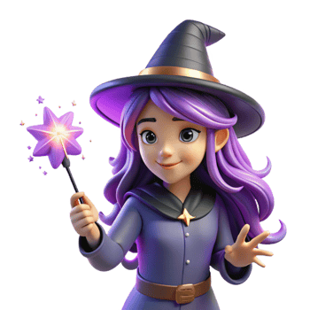 beautiful traditional A young witch with long, purple hair and a pointed hat casts a spell with her magic wand. Magical, sparkling lighting. Anime style high resolution png