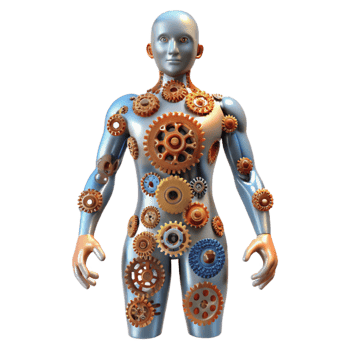 magnificent minimalist A human figure composed entirely of interconnected gears and wires, standing in a desolate, industrial landscape, lit by a flickering, neon sign. Steampunk style professional png