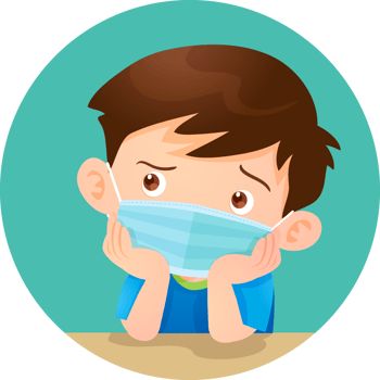 A boy wearing a surgical mask sits with his chin resting on his hand, looking worried. png