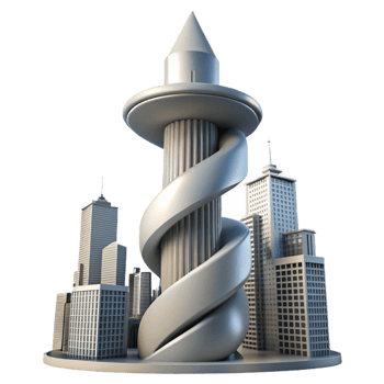 serene modern Spiral skyscraper, twisting form, dynamic composition, futuristic city skyline, innovative architecture genuine png