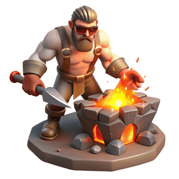 serene abstract A powerful cyclops forging a weapon in his volcanic lair. Fiery, intense lighting. Fantasy art style exclusive png