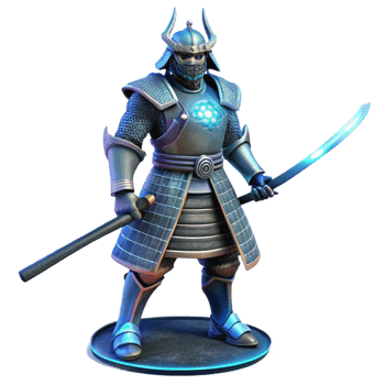 serene artistic A heavily augmented street samurai with a katana, standing in a defensive pose, illuminated by the flickering light of a holographic advertisement, in a gritty, realistic style premium png