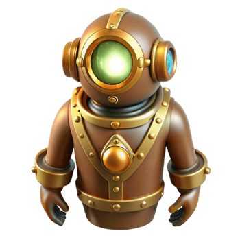serene classic A steampunk diver, brass diving suit, glowing portholes, underwater lighting, realistic style detailed png