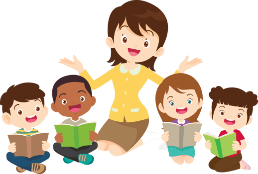 Happy teacher surrounded by enthusiastic students. png