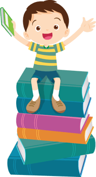 A cute boy is happily sitting on a pile of books. png
