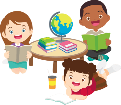 Kindergarten kids sitting in a circle, sharing books. png