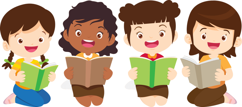 A group of school girls read books together intently. png
