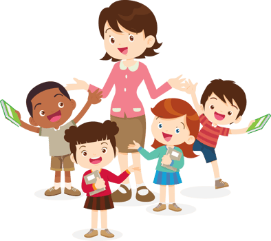 A kind-hearted female teacher stands smiling amidst cheerful students. png