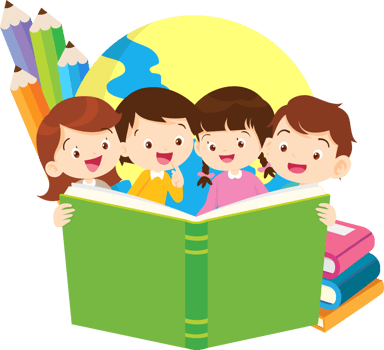 Cute kids sitting together and reading books joyfully. png