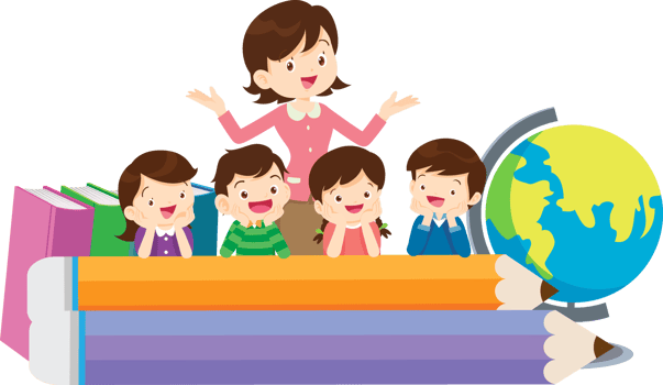 Teacher and kids laughing together in a fun lesson. png