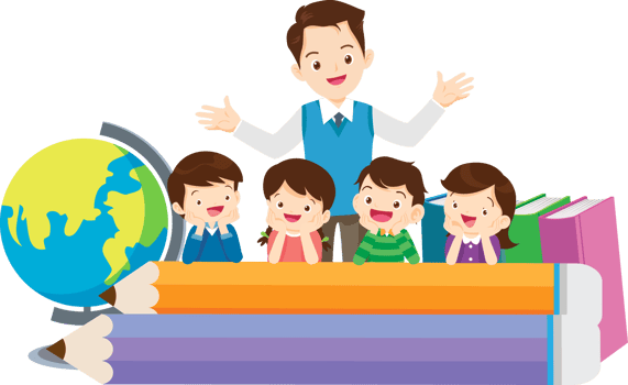 Preschool teacher guiding kids in learning new words. png