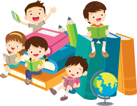 A promotional image of children happily reading a book together on a large mock-up book. png