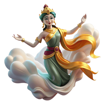 wonderful minimalist A graceful apsara with flowing silk robes, dancing amongst clouds in the heavens. Ethereal, soft lighting. Southeast Asian style high resolution png