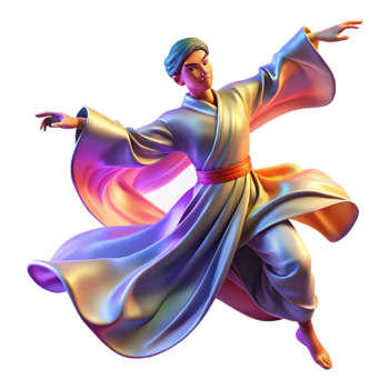 elegant creative Portrait of a dancer in flowing silk robes, mid-leap, with dynamic motion blur, lit by colorful stage lights, in an impressionistic style original png