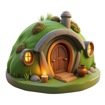vibrant artistic A cozy hobbit hole built into a grassy hillside, lit by a warm fire within, watercolor painting style exclusive png