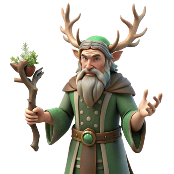 serene creative A wise druid with intricate tattoos and antler headdress, performing a ritual in a sacred grove. Soft, dappled forest lighting. Celtic mythology style exclusive png