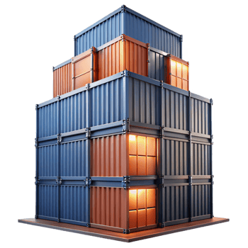 vibrant traditional A skyscraper made entirely of stacked shipping containers, industrial lighting, urban photography authentic png