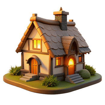 serene artistic A traditional thatched roof cottage in a picturesque English countryside, illuminated by the warm light of a setting sun, romantic painting style detailed png