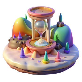 stunning minimalist A giant clock melting into a puddle of rainbow-colored sand, surrounded by floating islands made of musical instruments, under a dim, ethereal light. Surrealist painting style 4K png