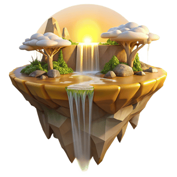 vibrant traditional A mystical floating island with waterfalls cascading down its sides, bathed in golden sunlight, serene and magical style high quality png