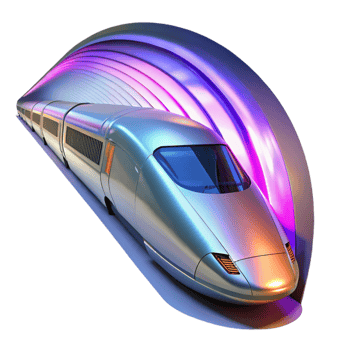 dramatic minimalist A futuristic, high-speed train gliding through a tunnel of light, its sleek, metallic exterior reflecting the vibrant colors. Photorealistic style original png