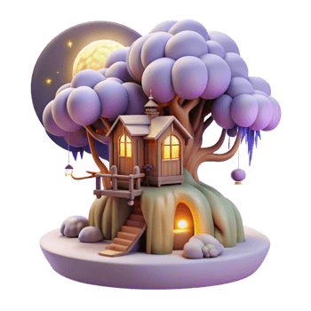 stunning abstract A whimsical treehouse nestled within the branches of a giant, glowing willow tree, overlooking a moonlit valley. Soft, ethereal moonlight. Dreamlike style 4K png