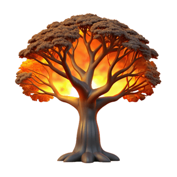 beautiful artistic A gnarled oak tree silhouetted against a fiery sunset, stark and dramatic lighting, etching style high quality png