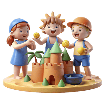 extraordinary contemporary A playful group of cartoon children building a sandcastle on a sunny beach, bright midday sun illuminating the scene, drawn in a simple and cheerful cartoon style original png