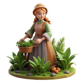 beautiful abstract A young peasant girl gathering herbs in a forest, soft lighting, pre-raphaelite painting style, detailed botanical elements exclusive png