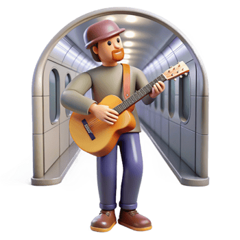 stunning rustic A musician playing a guitar in a subway station, urban music photography, ambient lighting high quality png