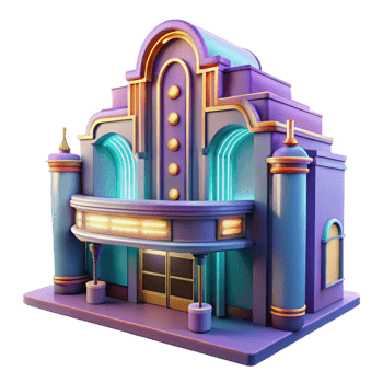 extraordinary artistic An intricate Art Deco movie theater with neon marquee, vibrant city lights, vintage photography style high quality png