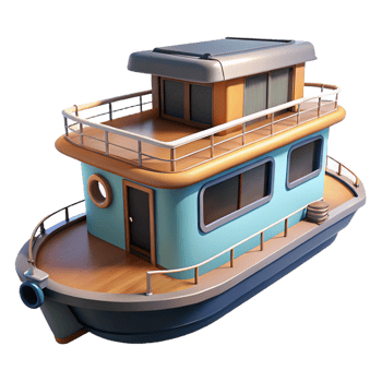 magnificent vintage Floating houseboat, modern design, waterfront living, nautical style professional png